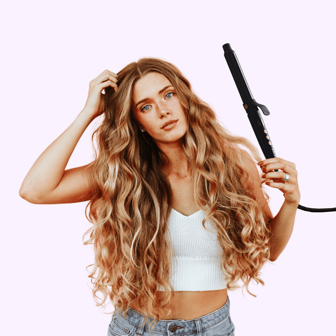 Woman holding DOLPA premium hair curler device, with barrel and simple controls for effortless styling and salon-worthy results